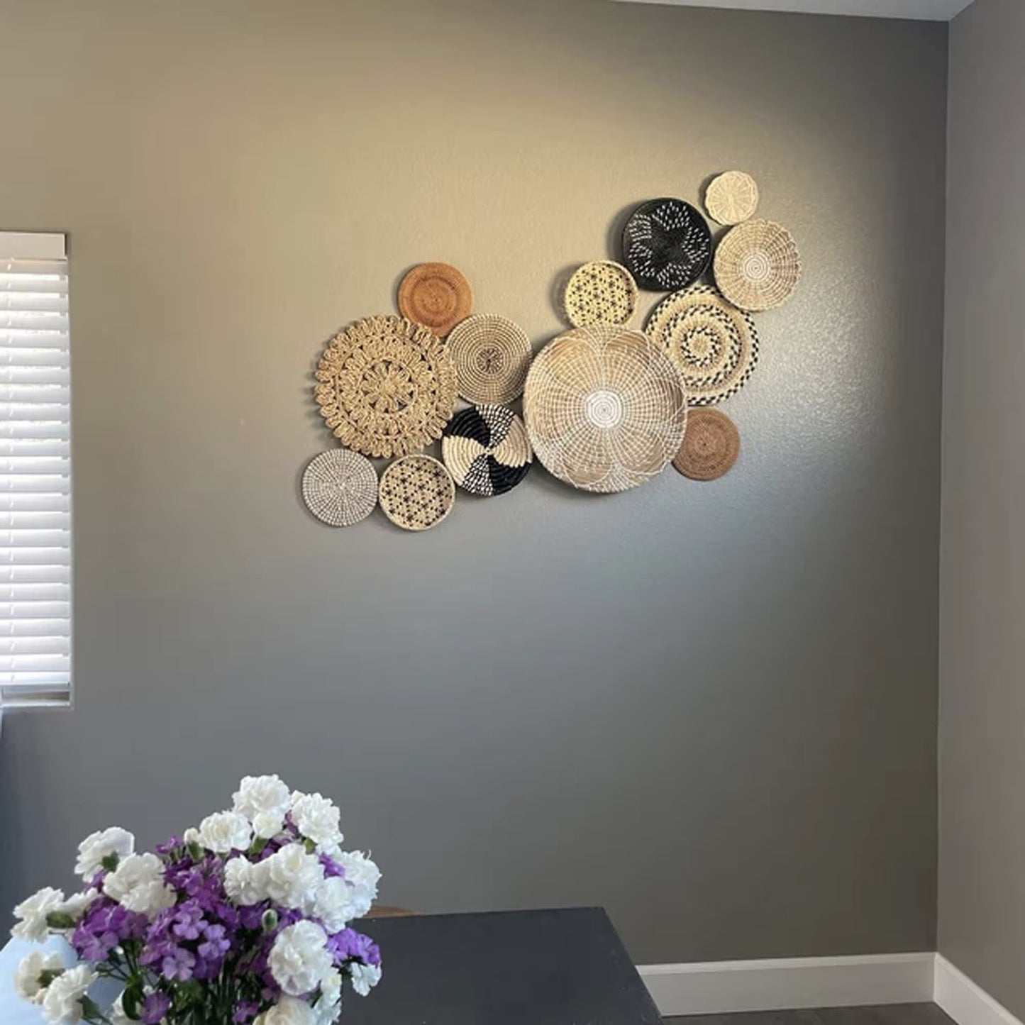 Set of 13 Basket Wall Decor, Boho Wall Decor, Boho Wall Art, Wicker round Bowl, Wicker Wall Tray, Bohemian Wall Decor, Hanger Wall Plate,