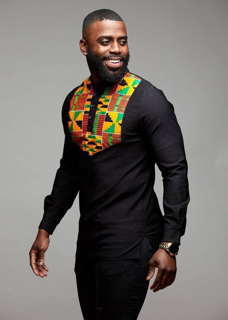Meka Men's African Print Collared Henley (Yellow/Green Kente)