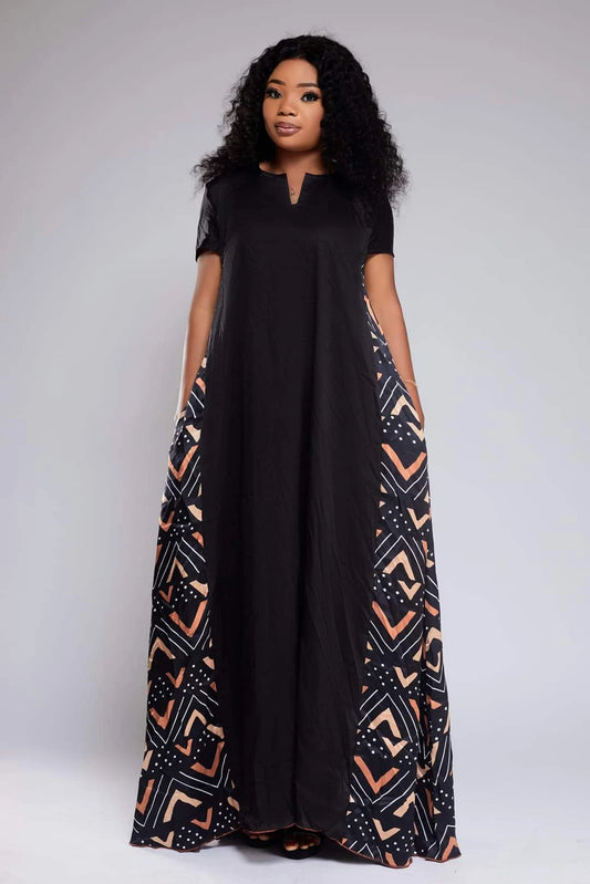 Long Black Dress in Bogolan African Silk