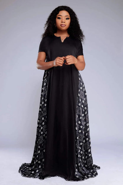 Long Black Dress in Bogolan African Silk