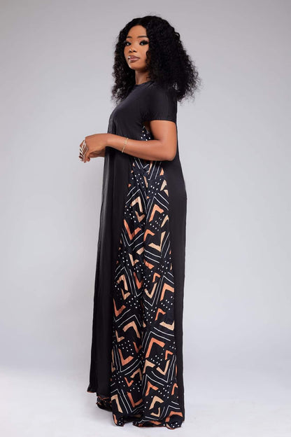 Long Black Dress in Bogolan African Silk