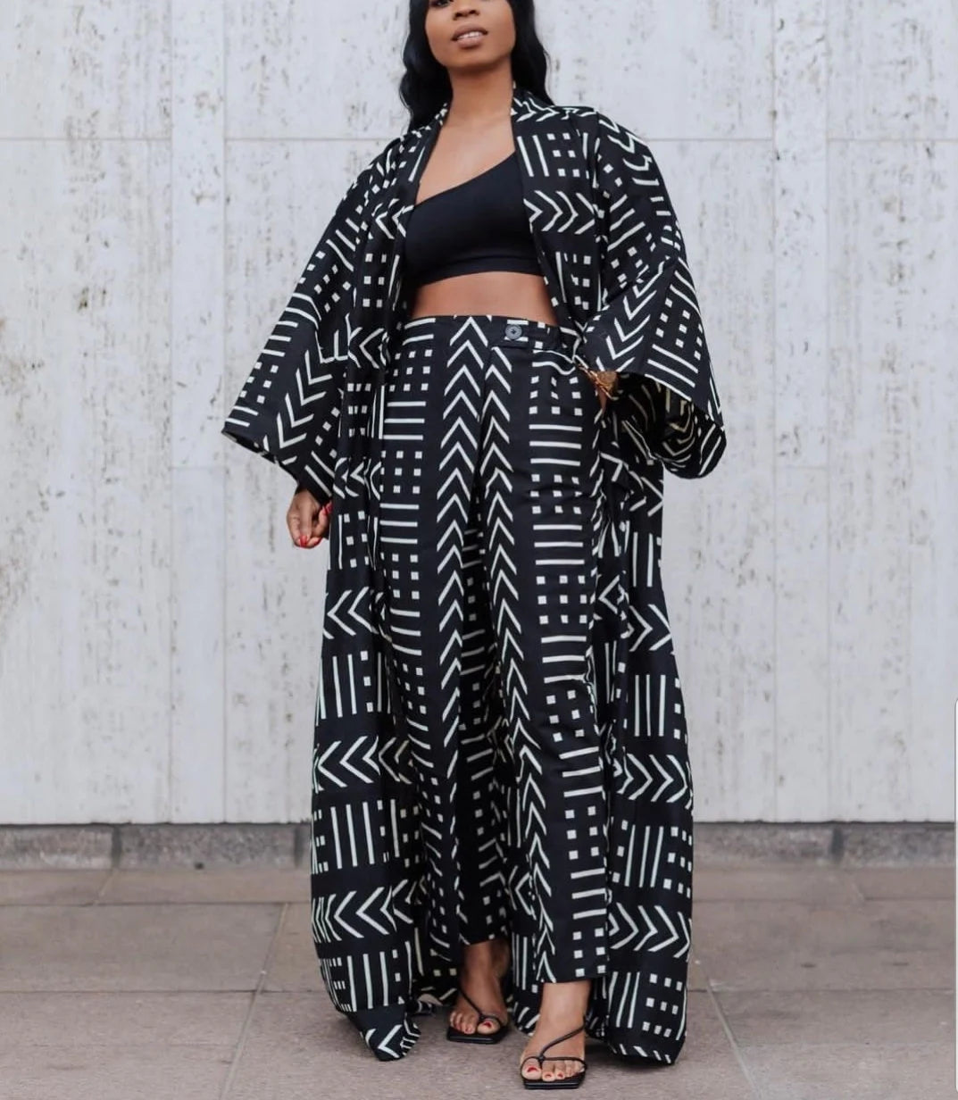 2 Piece Bogolan Ankara Pants and Kimono Set