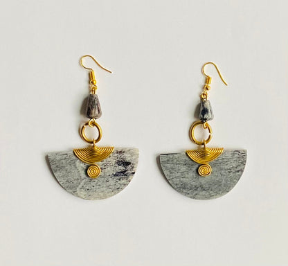 African Bone Earrings Brass Wire Grey