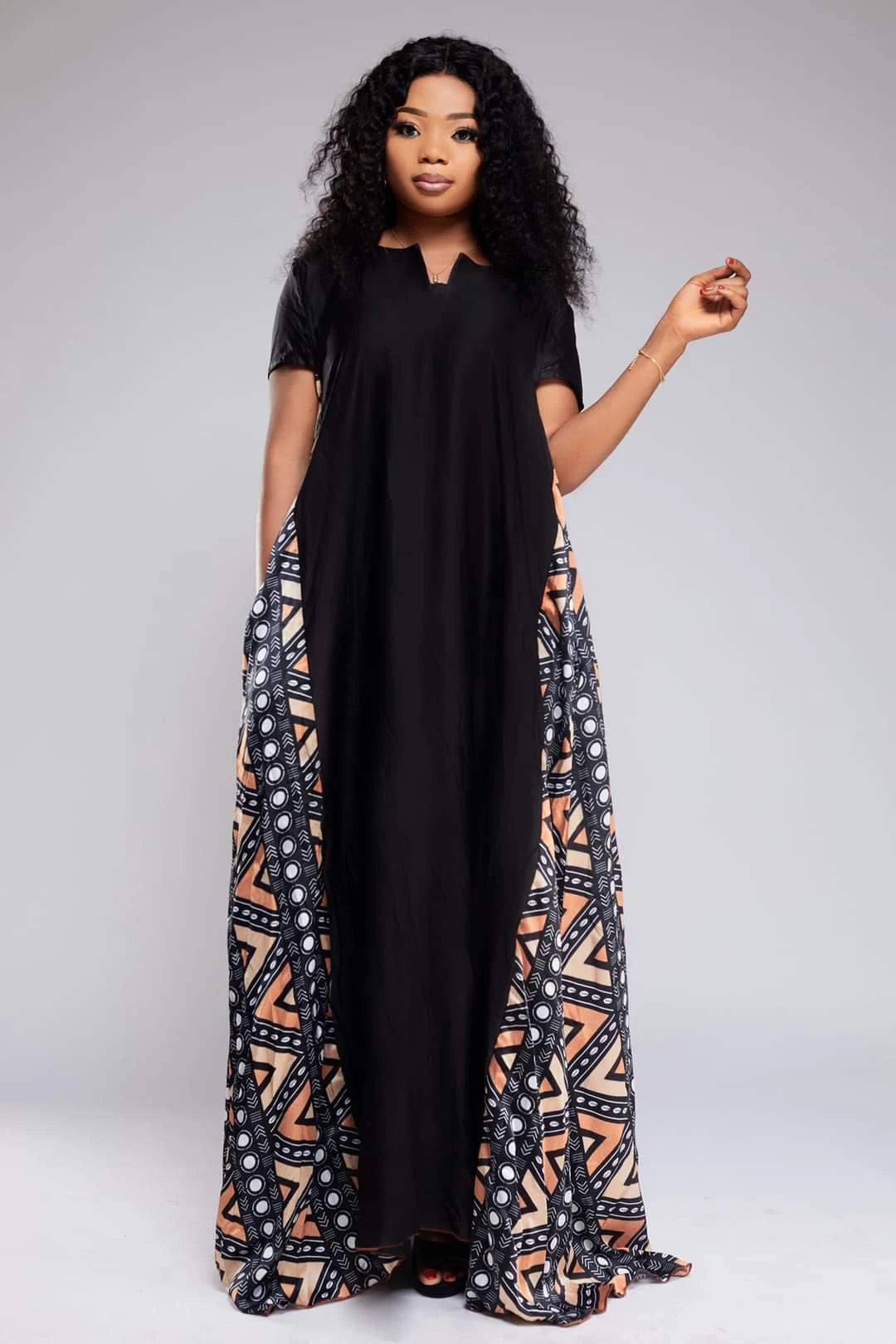 Long Black Dress in Bogolan African Silk