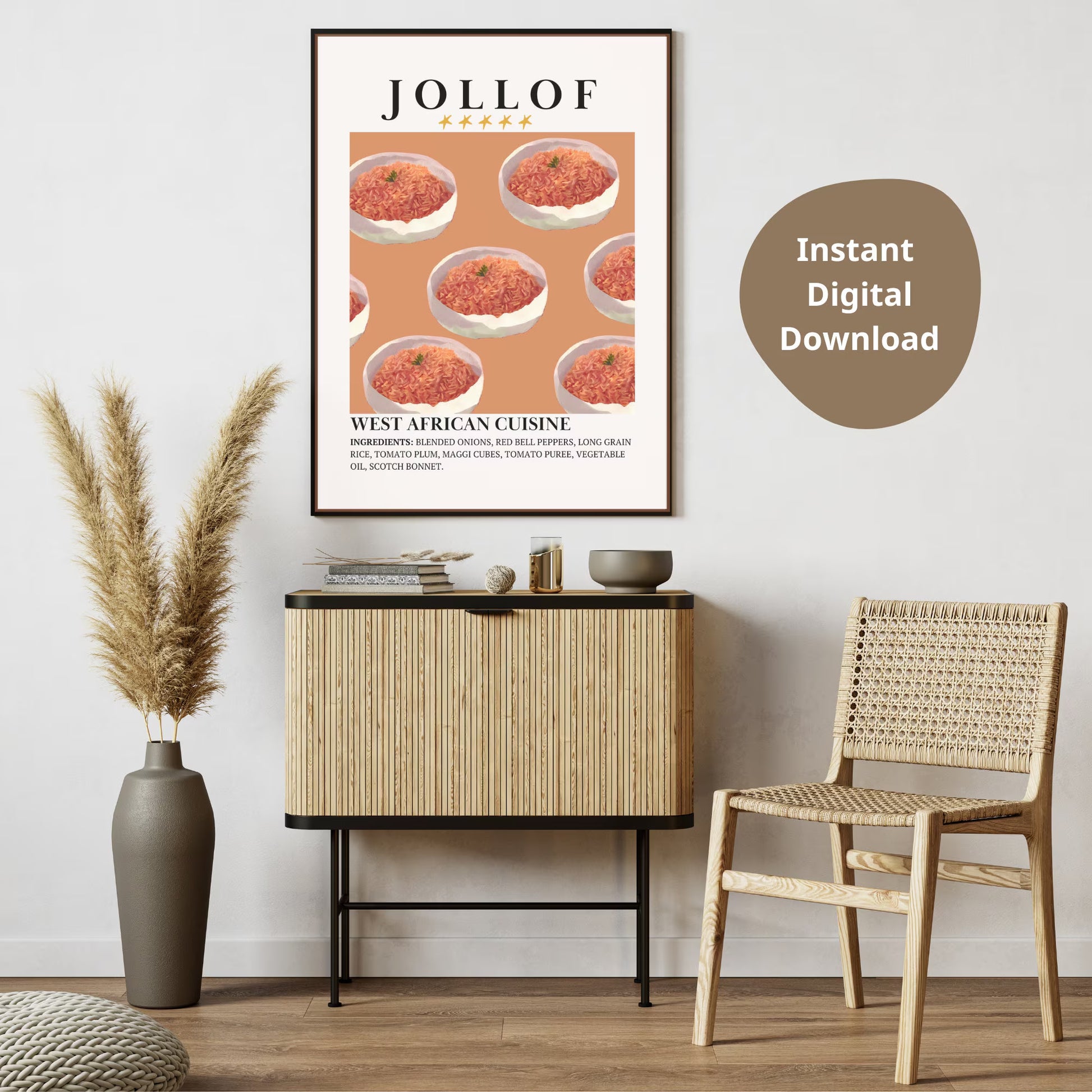 Jollof Rice Poster Wall Art - West African Print - Minimalist Nigerian Food Wall Decor - Digital Diaspora Poster Illustration - Retro Art