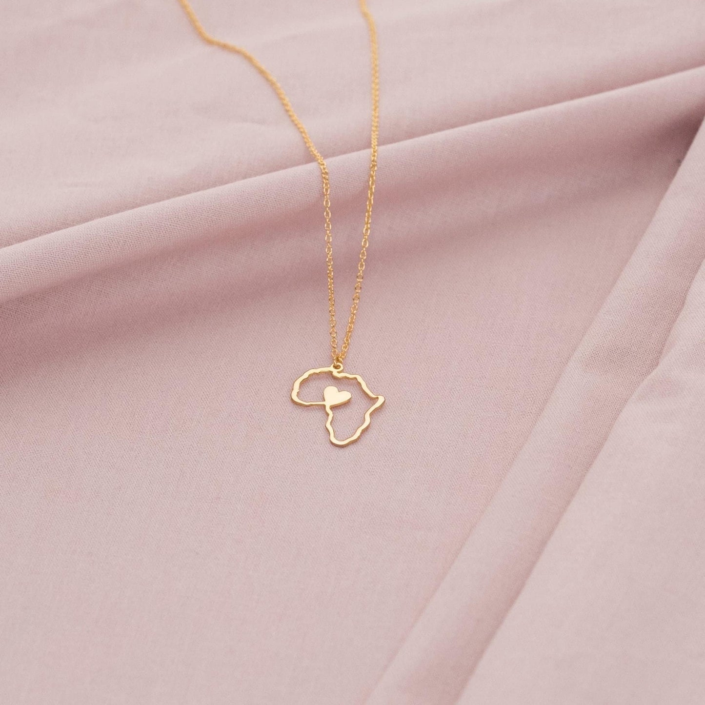 "Dainty 14K Gold Africa Map Necklace with Heart Pendant - Perfect Gift for Women"