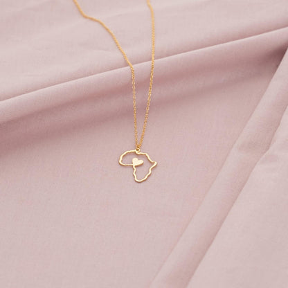 "Dainty 14K Gold Africa Map Necklace with Heart Pendant - Perfect Gift for Women"