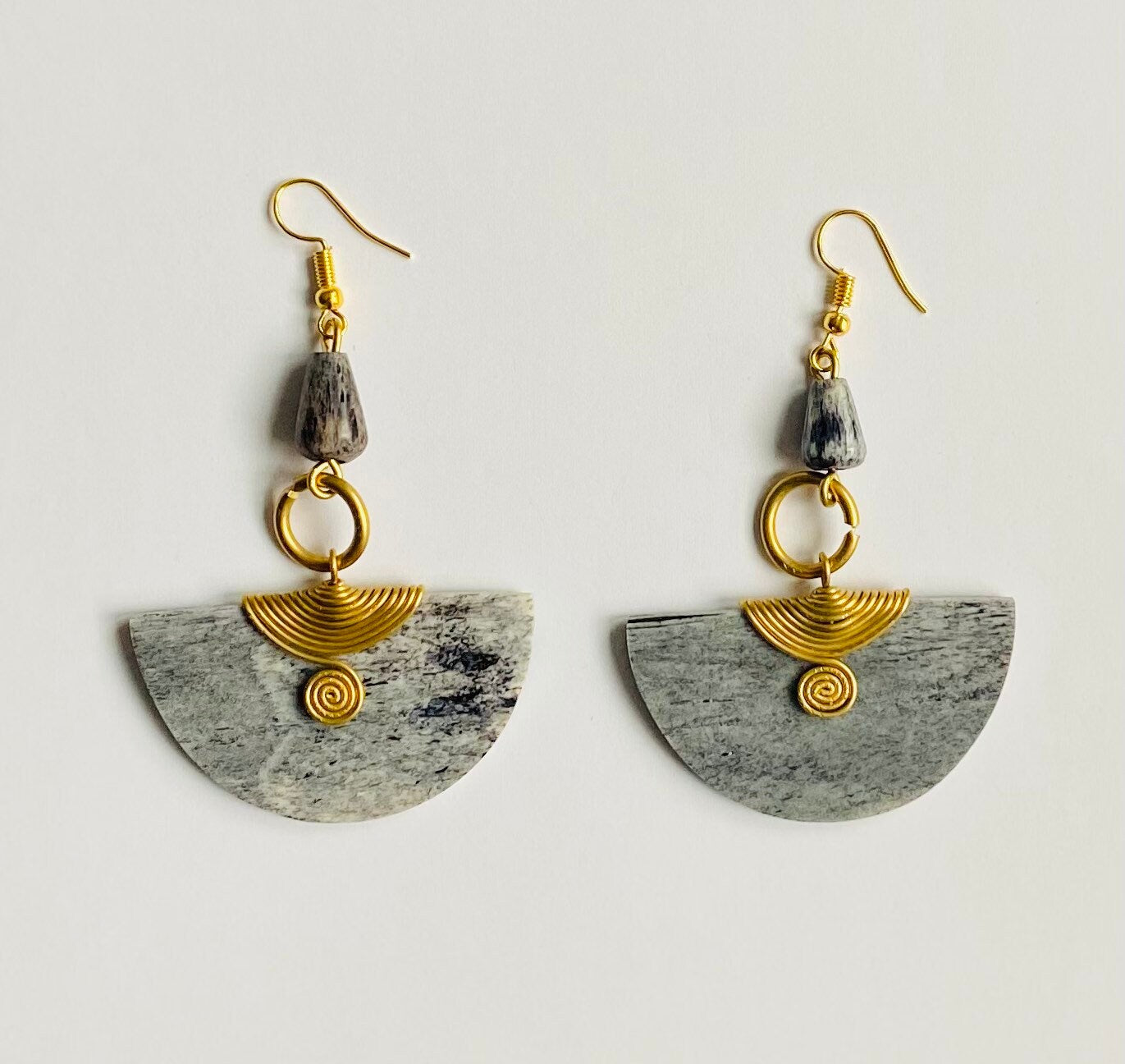 African Bone Earrings Brass Wire Grey