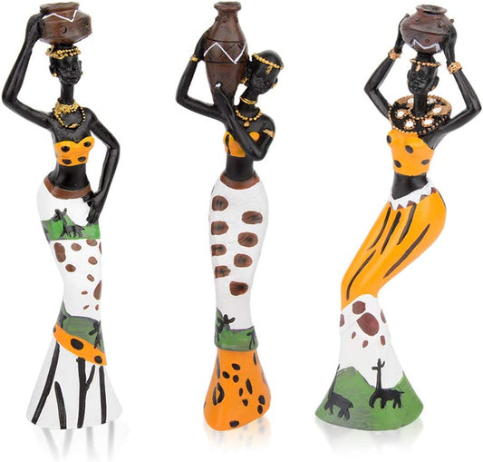 3PACK Vintage African Statue. Hand Sculpture African American Figurines. Exotic Tribal Lady African Art Piece for Home Decor. Figurines Home Decor. Room Decor for Women-Yellow