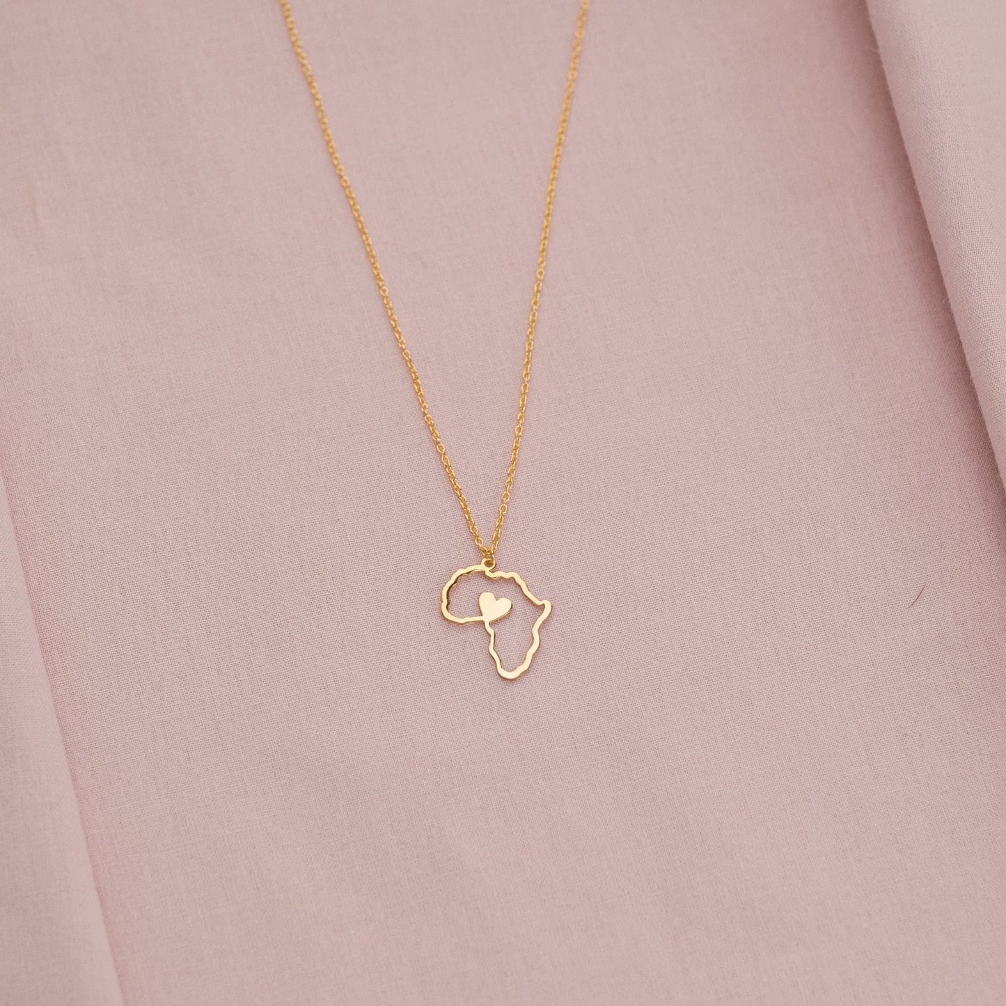 "Dainty 14K Gold Africa Map Necklace with Heart Pendant - Perfect Gift for Women"