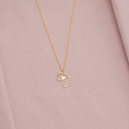 "Dainty 14K Gold Africa Map Necklace with Heart Pendant - Perfect Gift for Women"