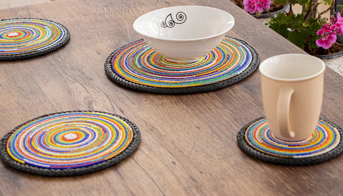 African Beaded Coasters, Leather Table Coasters, Beaded Table Coasters, African Wall Décor, Christmas Gift for Her, Moms Gift, Set of 3