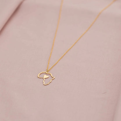 "Dainty 14K Gold Africa Map Necklace with Heart Pendant - Perfect Gift for Women"