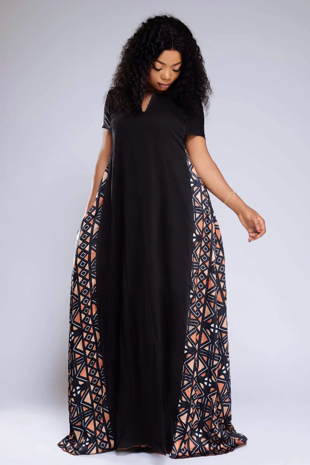 Long Black Dress in Bogolan African Silk