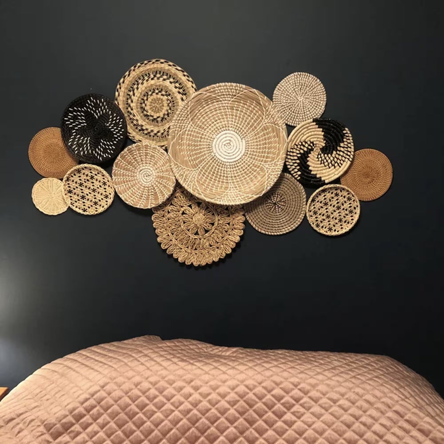 Set of 13 Basket Wall Decor, Boho Wall Decor, Boho Wall Art, Wicker round Bowl, Wicker Wall Tray, Bohemian Wall Decor, Hanger Wall Plate,