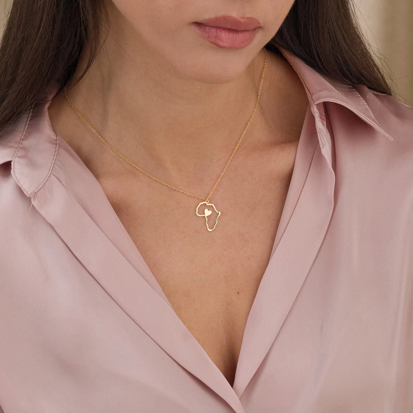 "Dainty 14K Gold Africa Map Necklace with Heart Pendant - Perfect Gift for Women"