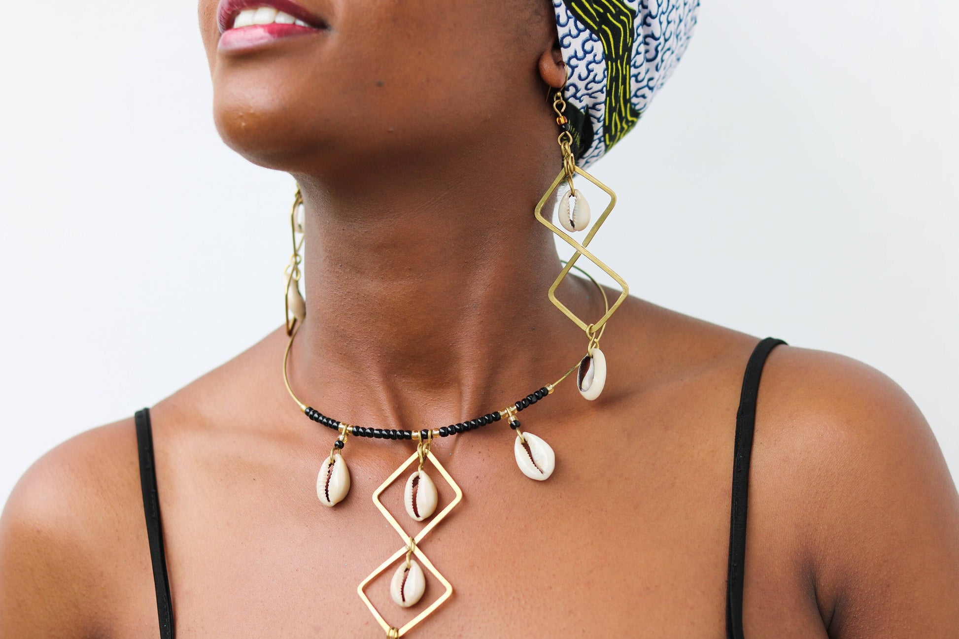 "Exquisite African Brass and Cowrie Necklace Set with Matching Earrings - Perfect Gift for Her!"