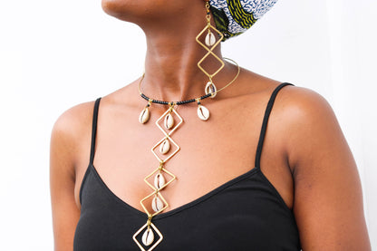 "Exquisite African Brass and Cowrie Necklace Set with Matching Earrings - Perfect Gift for Her!"