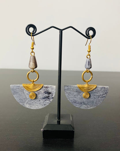 African Bone Earrings Brass Wire Grey