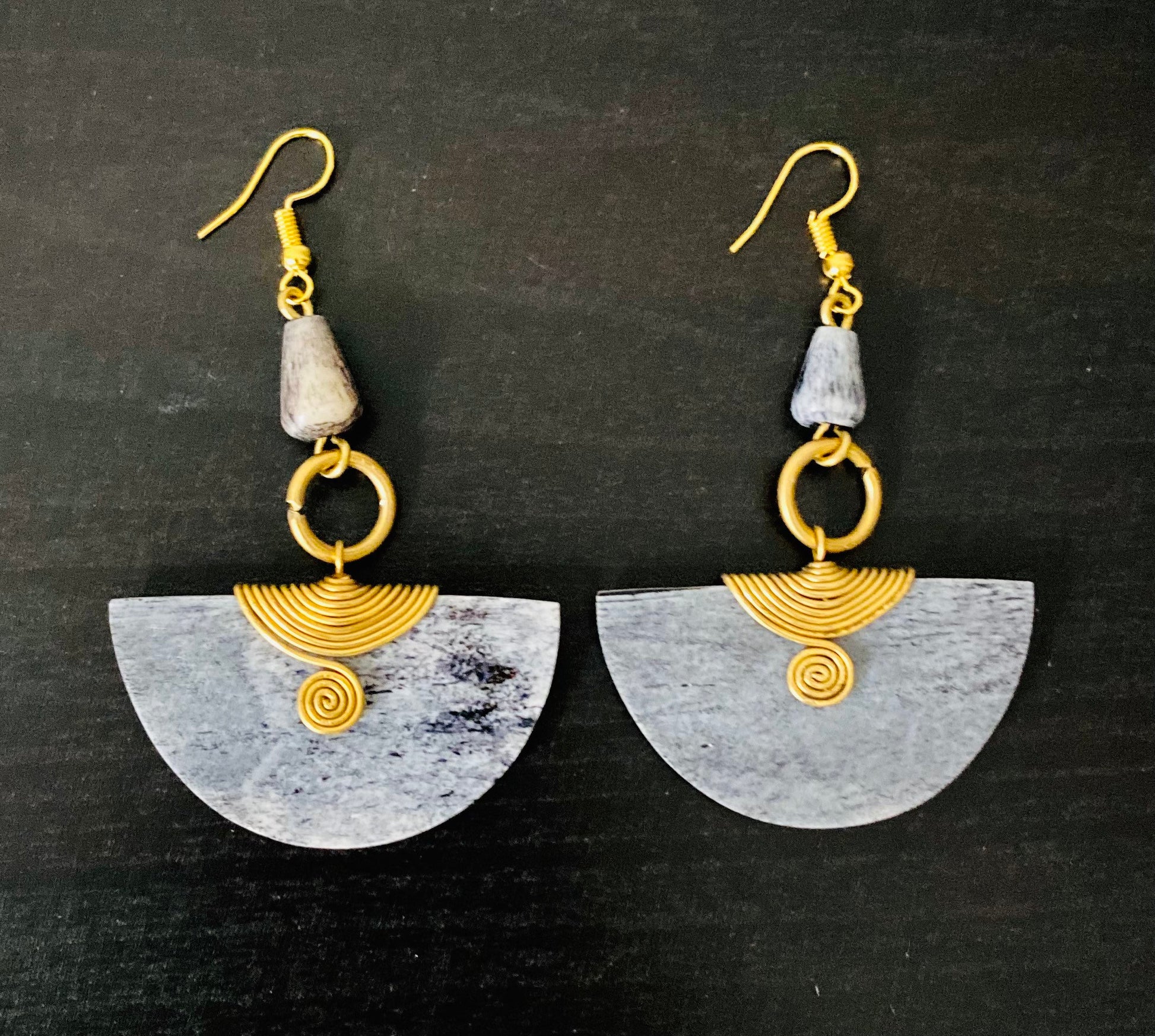 African Bone Earrings Brass Wire Grey