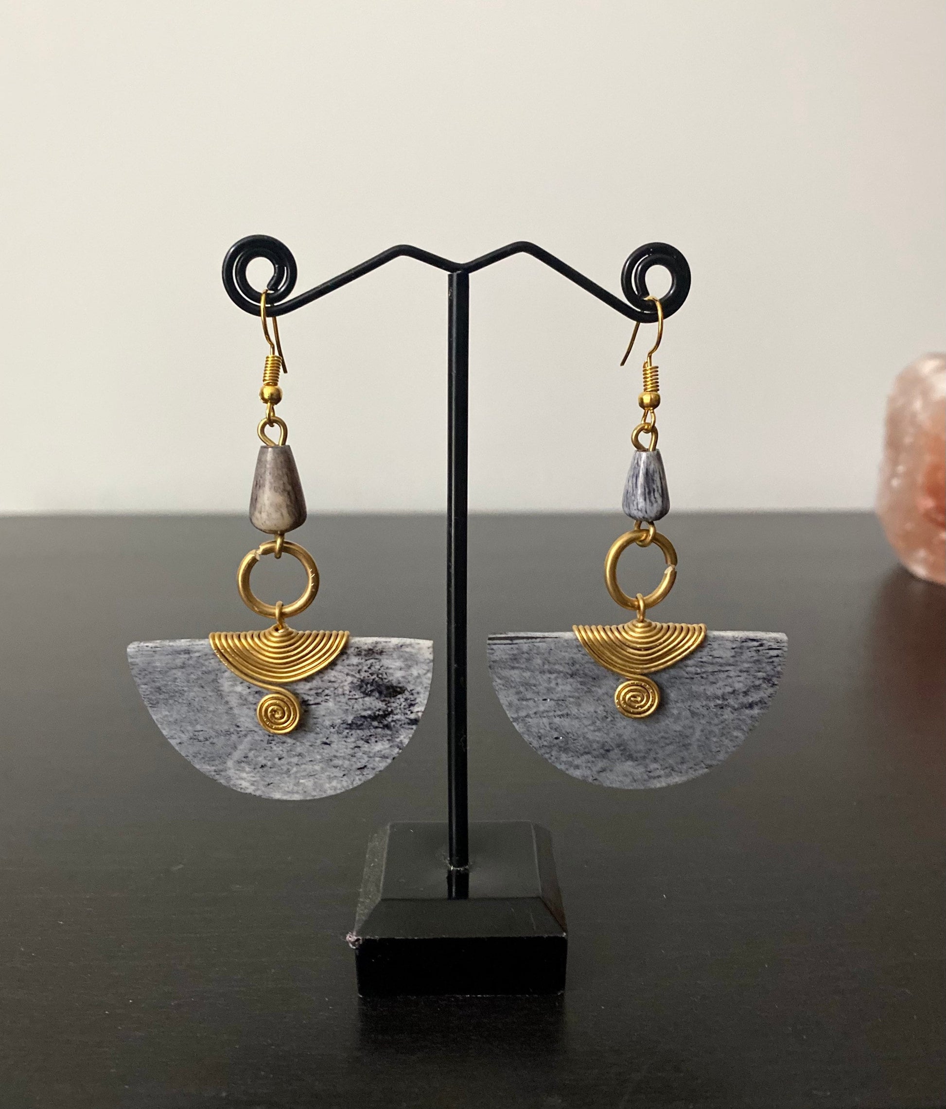 African Bone Earrings Brass Wire Grey