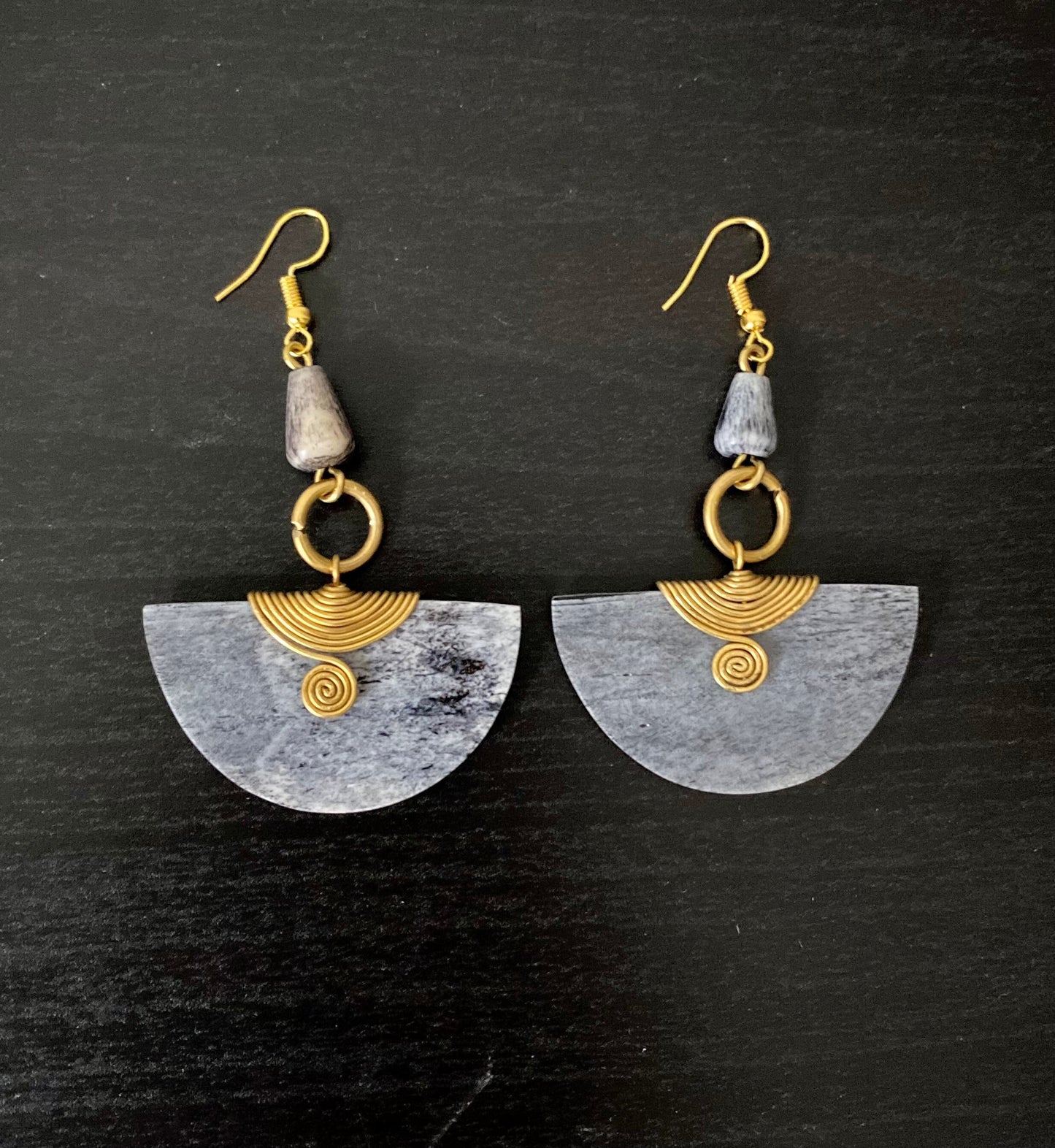 African Bone Earrings Brass Wire Grey