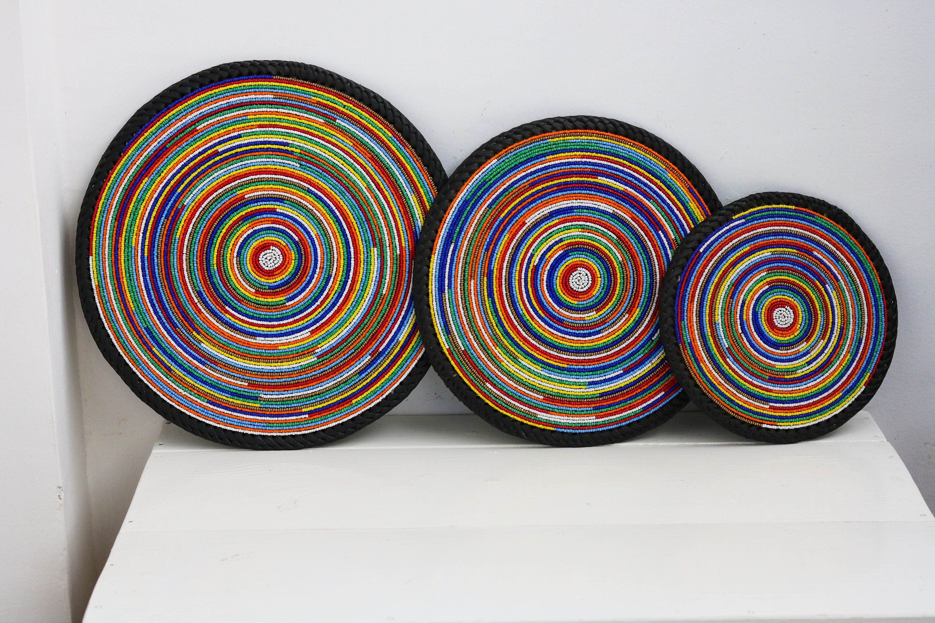 African Beaded Coasters, Leather Table Coasters, Beaded Table Coasters, African Wall Décor, Christmas Gift for Her, Moms Gift, Set of 3