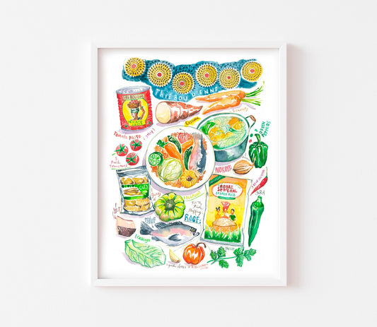 Senegalese Food Print, Thieboudienne Recipe Poster, African Cuisine, Colorful Kitchen Decor, Watercolor Painting, Jollof Rice and Fish Art